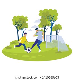 Young Cartoon Father with Little Son Playing Soccer on Football Pitch at Day Time. Flat Vector Cute Active Friendly Family Having Fun Together. Happy Childhood and Parenthood Illustration