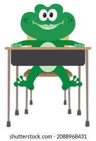 A young cartoon frog student is at his desk eager to start learning