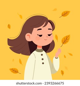 A young cartoon girl with freckles admires the falling yellow leaves. Autumn season. Cartoon style vector