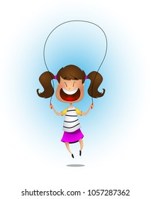 Young cartoon girl jumping with a rope. Vector illustration