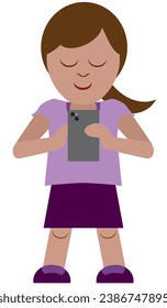 A young cartoon girl is looking at her cell phone