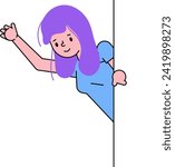 Young cartoon girl peeking from behind a wall, purple hair, blue dress, waving hand. Childish curiosity and playful character hiding game vector illustration.