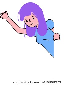 Joven caricaturista mirando desde detrás de una pared, pelo púrpura, vestido azul, saludando a la mano. La curiosidad infantil y la ilustración vectorial del juego de esconder personajes juguetones.