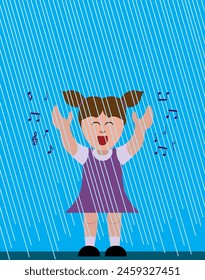 A young cartoon girl is singing joyfully in the rain