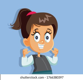 Young Cartoon Girl Smiling Wearing Braces. Funny child achieving perfect smile via orthodontic treatment
