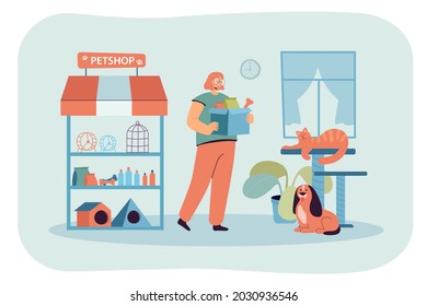 Young cartoon girl working in small petshop. Supermarket or store with toys, cages and food for domestic animals, cat and dog sitting inside, shop interior flat vector illustration. Pets, care concept