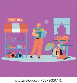 young cartoon girl working small petshop vector design illustration