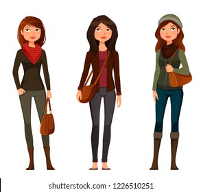 young cartoon girls dressed in casual autumn or winter fashion. Beautiful young women, isolated on white. Cartoon character. Vector eps file.