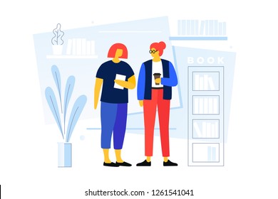 Young cartoon girls talking in the library on the background of bookshelves. The concept of modern learning and communication of young people. Vector flat illustration.