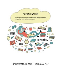 Young cartoon guy lies among a pile of work documents and important tasks, dreams and rests instead of working. Resting student, office worker. Vector Illustration in flat style