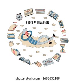 Young cartoon guy lies on the cloud among a pile of work documents and important tasks, dreams and rests instead of working. Resting student, office worker. Vector Illustration in flat style