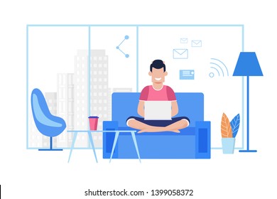 Young Cartoon Guy Works on Laptop at Comfortable Coworking Office or at Home. Freelancer Typing Message, Sending Email, Chatting Social Media Using Wi-Fi, Sitting on Sofa. Vector Flat Illustration
