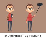 Young Cartoon Hipster Doing Selfie. Vector Illustration