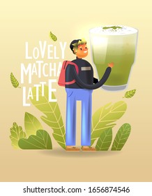 Young cartoon joyful man holds the trendy drink matcha latte over leaves. Vegan phrase on a gradient background