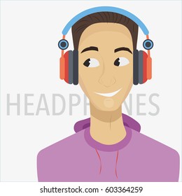 Young cartoon man with headphones and listening to music. Vector Illustration