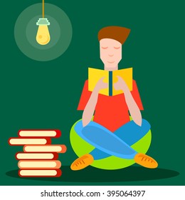 Young cartoon man reading small book,sitting pose, books,lamp. Vector illustration