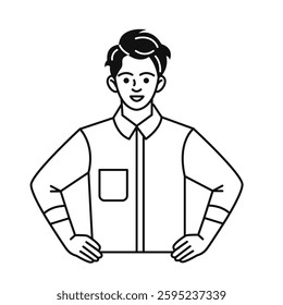 A young cartoon man in a shirt stands straight and holds his hands on his waist. A male doodle character. Vector black and white illustration in a flat linear style