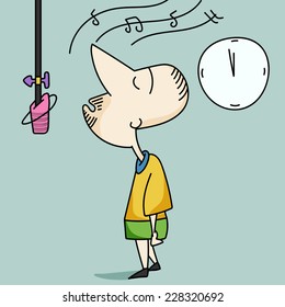 Young cartoon man singing for welcome of Happy New Year 2015.
