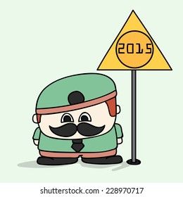 Young cartoon man standing near a sign board showing numeral text 2015 for New Year celebration. 