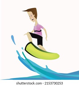 young cartoon man surfing on the sea waves vector.


