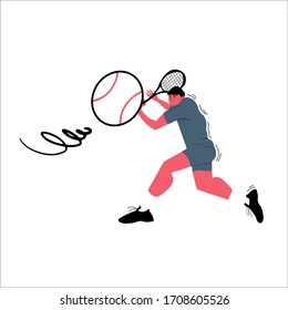 Young cartoon man with a tennis racket in his hands is engaged in a sports vector flat illustration. A flying tennis ball. A hand-drawn guy plays tennis in the receiving position, isolated on a white