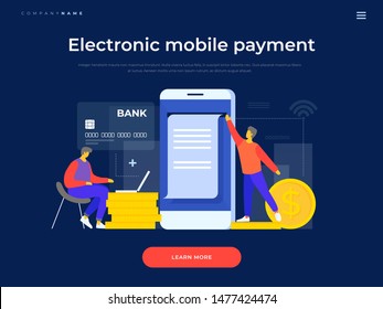 Young cartoon men make a payment using mobile applications on the background of a bank card and coins. The concept of electronic payments. Landing page template. Vector flat illustration.