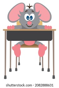 A young cartoon mouse is at his desk and eager to learn