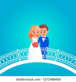 Young cartoon newlyweds on their wedding day. The bride in a white dress with a bouquet of red roses, the groom in a blue tuxedo. Stand on a white patterned bridge. Vector illustration.