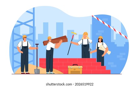 Young cartoon people constructing brick building. Flat vector illustration. Builders with shovel, trowel, paint roller standing near wall of future house. Construction, architecture, team work concept
