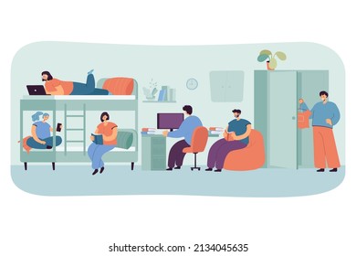 Young cartoon people studying in college dorm room. Hostel or house for students, alternative home flat vector illustration. Accommodation, education, architecture concept for banner or landing page