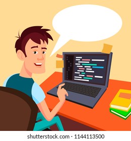 Young Cartoon Programmer Office Workplace Desktop Computer Send Message Chat Communication With Copy Space Flat Vector Illustration