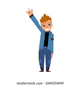 Young cartoon rock man staying and making hand horns gesture isolated on white background. Character style of musical fan with short hair in rock clothes. Vector illustration.