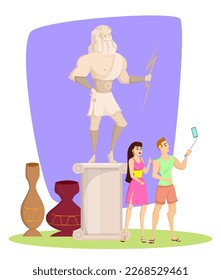 Young cartoon tourists taking selfie in front of statue of Zeus. Gen Z persons taking photo next to sculpture of Greek god vector illustration. Traveling, tourism, history, Ancient Greece concept