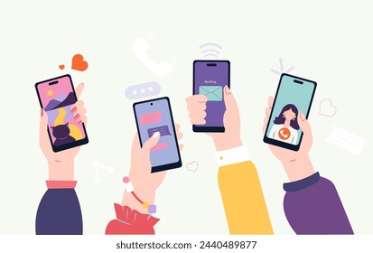 Young cartoon use Smartphones and Surfing in Social Media. Liking Photos. Illustration of Talking in Mobile App. Flat vector Chatting, Watching Video.