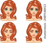 Young cartoon woman with big green eyes and ginger hair. Expressive ginger girl, female avatar.