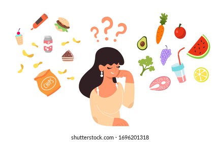 Young cartoon woman chooses between healthy and unhealthy foods. Compare fast food and balanced menu, vegetables and fruits isolated illustration. Diet and healthy eating. Web banner for landing page