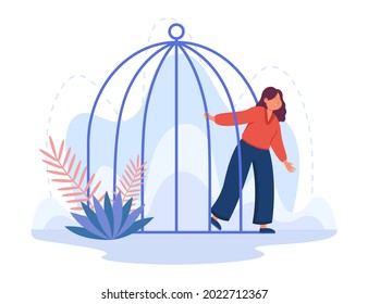 Young Cartoon Woman Leaving Birdcage. Flat Vector Illustration. Female Person Opening Jail After Crisis, Depressive Episode Or Situation Of Violence. Freedom, Psychology, Leaving, Change Concept