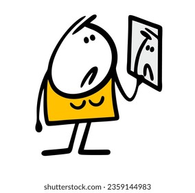 Young cartoon woman looks discontentedly at her reflection in the mirror. Vector illustration of a complex female stickman, a girl. Isolated character on white background.