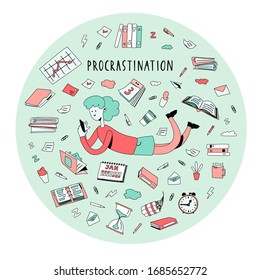 Young cartoon woman on a bunch of work documents and urgent tasks in a circle, hangs in the phone and dreams instead of working. Resting office worker, student. Vector Illustration in flat style