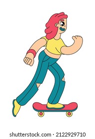 Young cartoon woman on a skateboard. Isolated image of a cute girl riding a skateboard. Vector illustration.