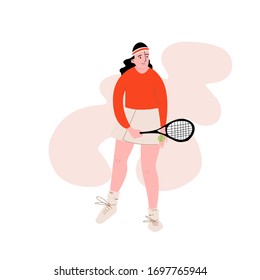 Young cartoon woman is playing sports. Vector flat illustration. A hand-drawn girl playing tennis. The concept of a healthy lifestyle. All elements are isolated.