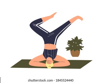 Young cartoon woman practicing head stand yoga pose while training. Meditation, healthy lifestyle and wellness concept. Flat vector illustration