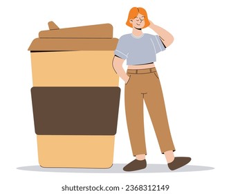 Young cartoon woman standing next to a huge paper glass of coffee or tea. Young beautiful girl coffee lover. Vector isolated flat illustration.