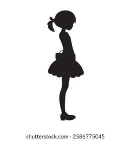 Young cartoonish girl with purse standing pose silhouette vector illustration