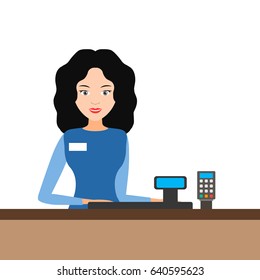 Young Cashier Girl Behind Cash Register Stock Vector (Royalty Free ...