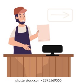 A young cashier standing at the checkout counter with a cash register in a supermarket. A smiling cashier working at the checkout in a supermarket. Vector illustration of a flat design. A square layou