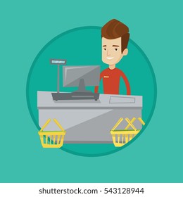 Young cashier standing at the checkout in supermarket. Happy cashier working at checkout. Cashier standing near the cash register. Vector flat design illustration in the circle isolated on background.