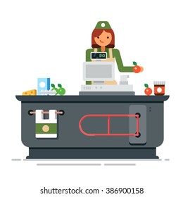 A young cashier woman. Supermarket store counter desk equipment and clerk in uniform ringing up grocery purchases. Flat vector illustration isolated on white background.