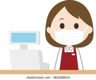 A Young cashier woman wearing face medical mask. 