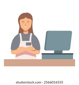 Young cashier woman wearing uniform standing behind counter desk with computer monitor